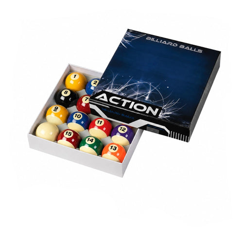 Action brand billiard balls set in an open white box with the branded dark blue lid leaning behind it, shown on a light gray background.