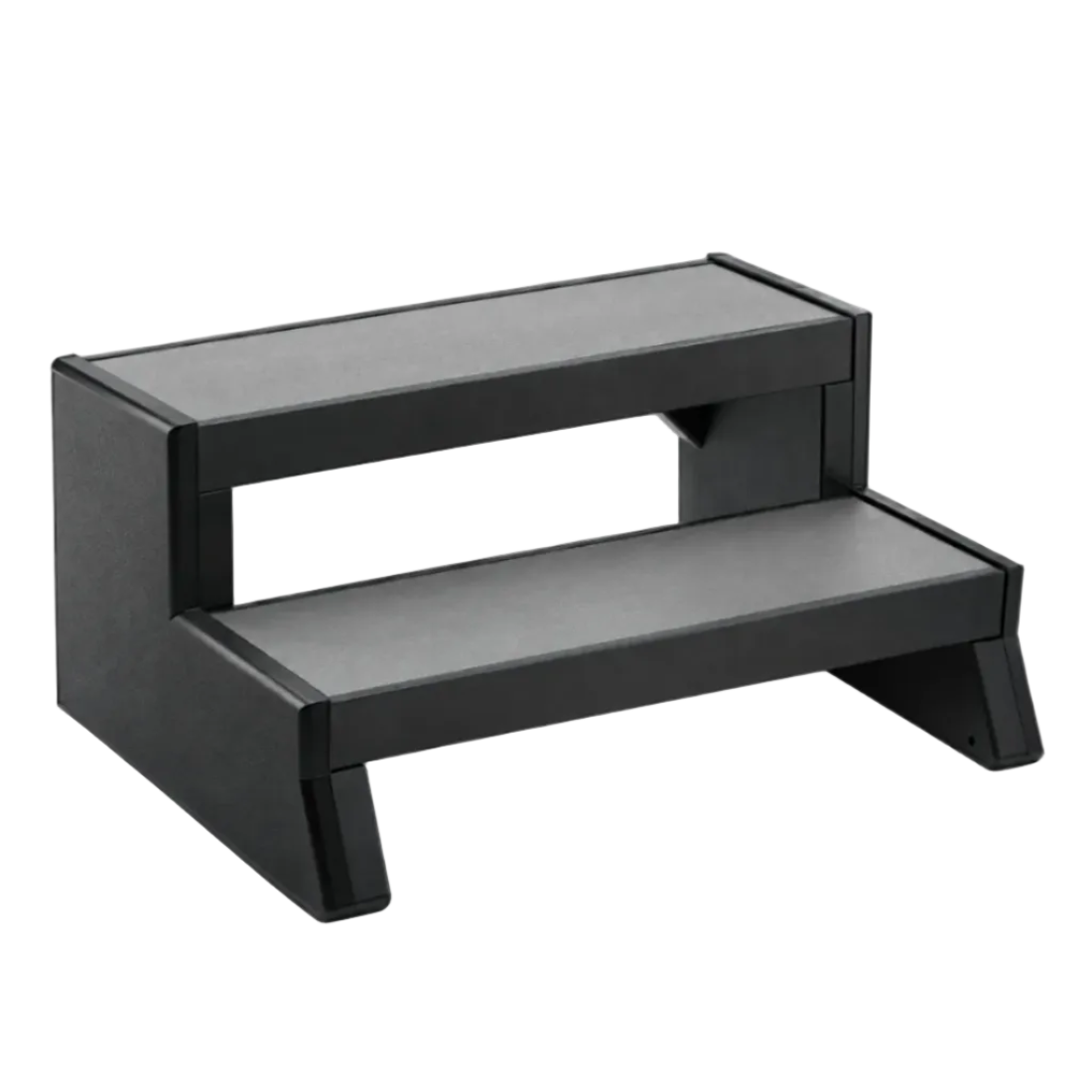 A two-step ladder with a matte black side finish and a grey finish on top of the step, photographed on a solid white background.
