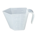 A translucent white plastic measuring cup with a handle, featuring white printed measurement markings for cups and ounces.