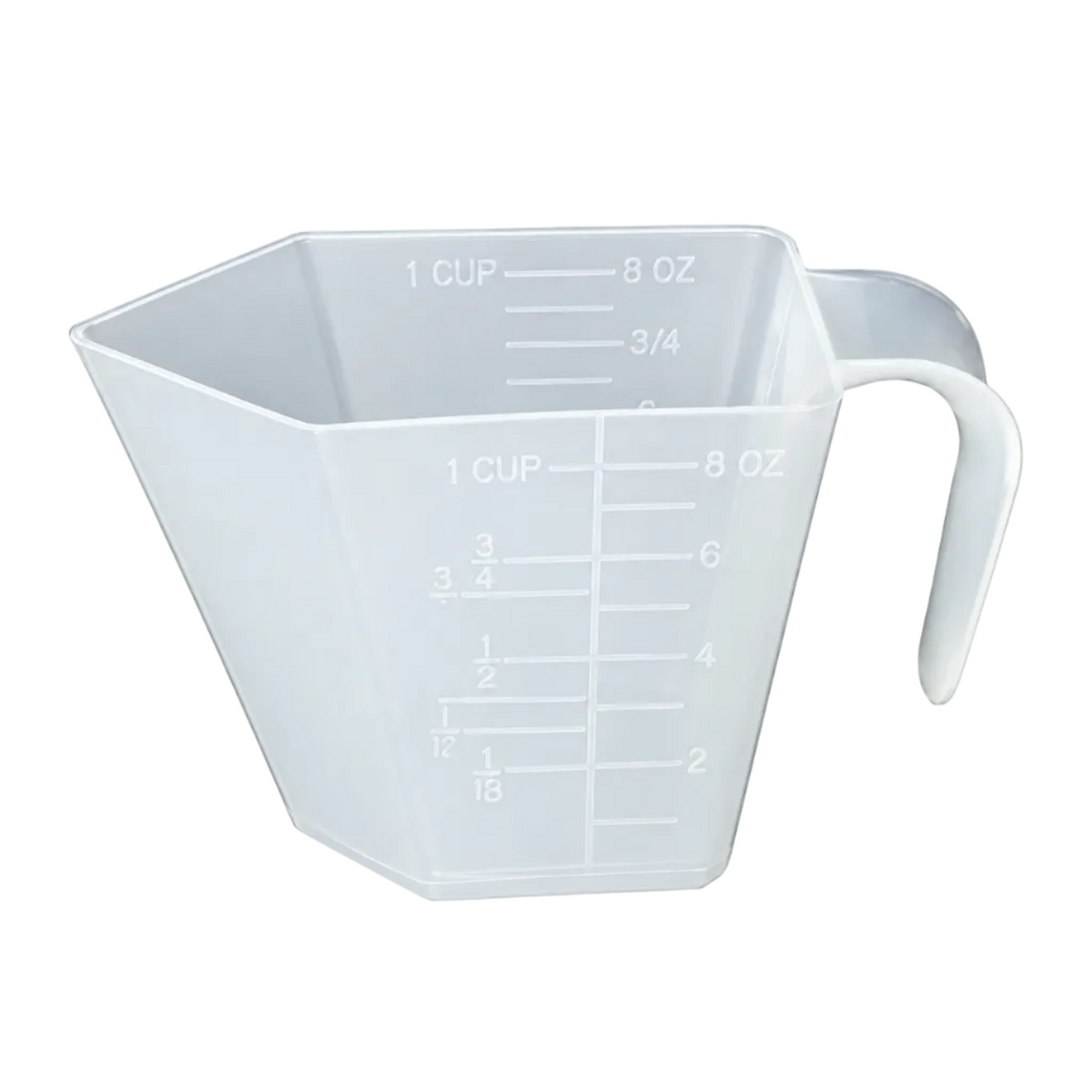 A translucent white plastic measuring cup with a handle, featuring white printed measurement markings for cups and ounces.
