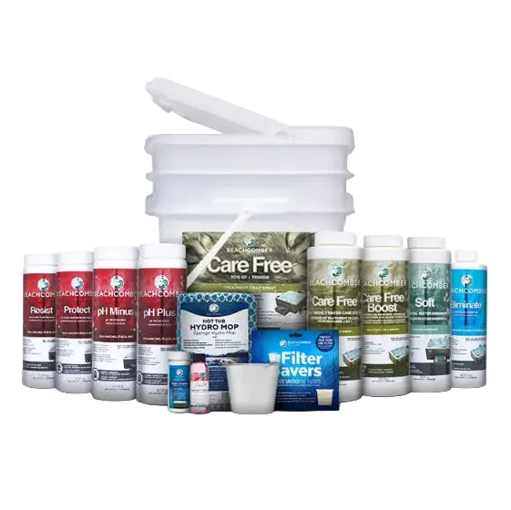 a large white plastic bucket, various bottles of water care (Resist, Protect, pH Minus, pH Plus, Care Free Boost, Soft, and eliminate), a Hydro-Mop treatment, a Filter savers, and other accessories arranged on a white background.