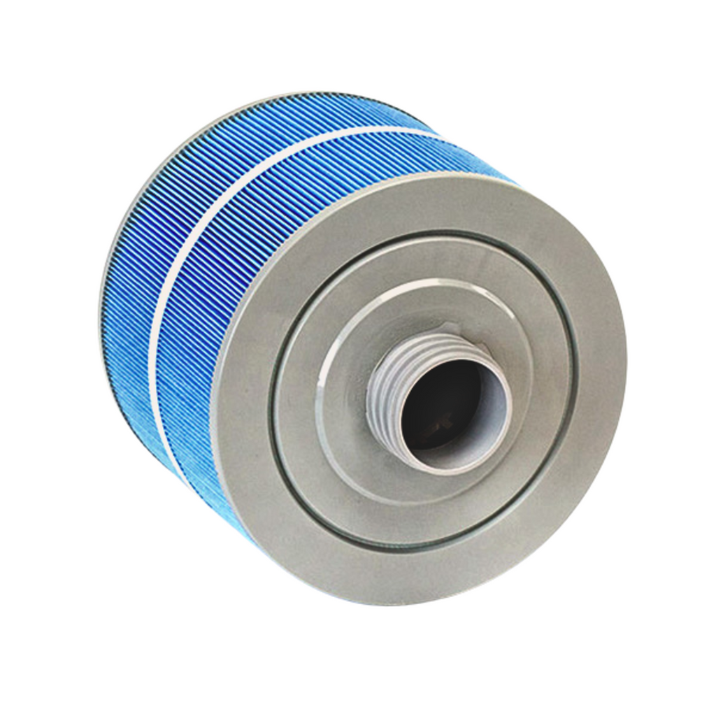 Blue pleated spa filter resting at an angle, showing its circular grey base and hollow threaded connector