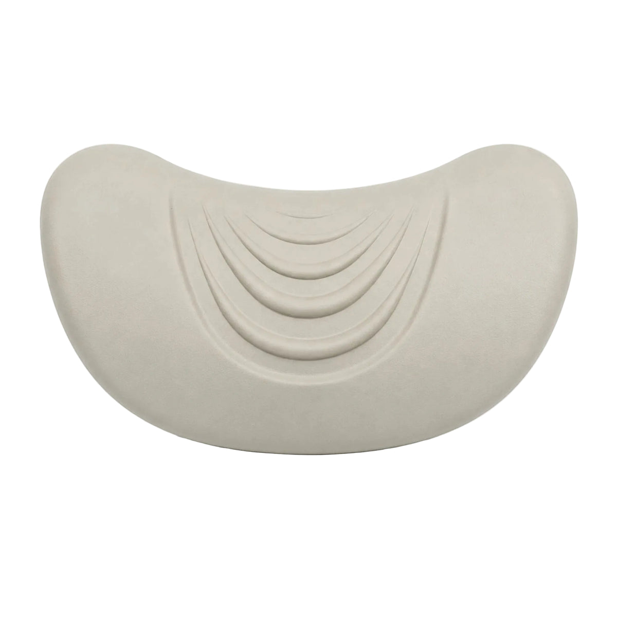A curved ergonomic support pillow in a light beige color, featuring a series of concentric wave-like ridges on its front, set against a plain white background.
