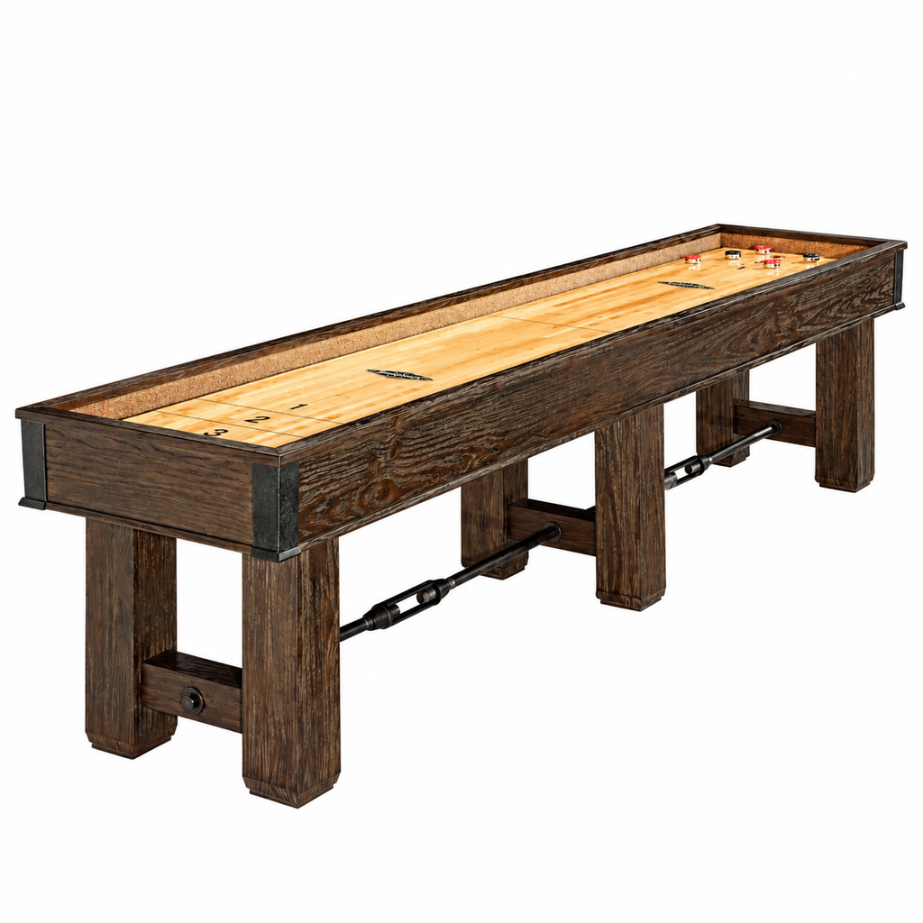 A rustic wooden shuffleboard table with a dark brown stained frame, a light natural wood playing surface, and dark metal hardware, shown on a plain white background.