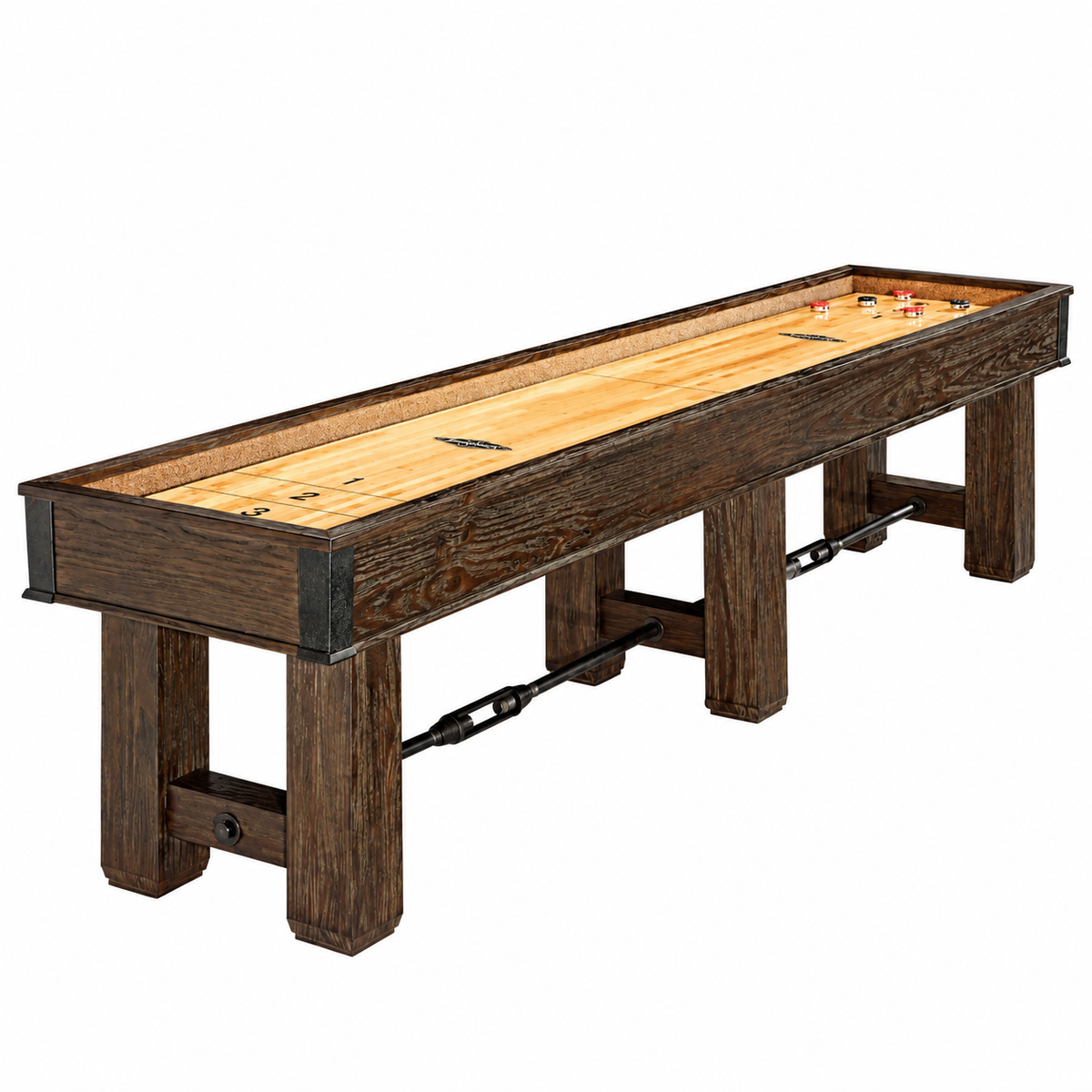 A rustic wooden shuffleboard table with a dark brown stained frame, a light natural wood playing surface, and dark metal hardware, shown on a plain white background.
