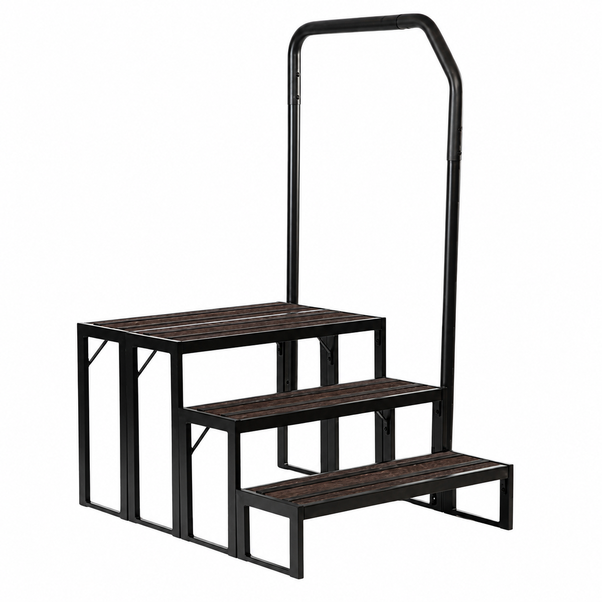 A three-step outdoor stairway with a black metal frame and dark brown wood-look steps, featuring a tall black handrail, shown on a plain white background.