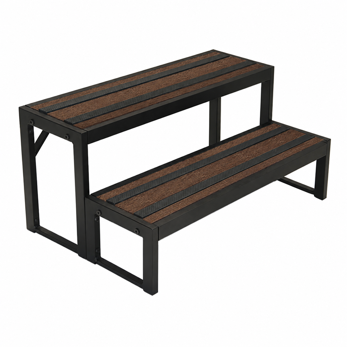 A two-step outdoor bench with dark brown composite wood-look slats and a black metal frame, shown on a plain white background.