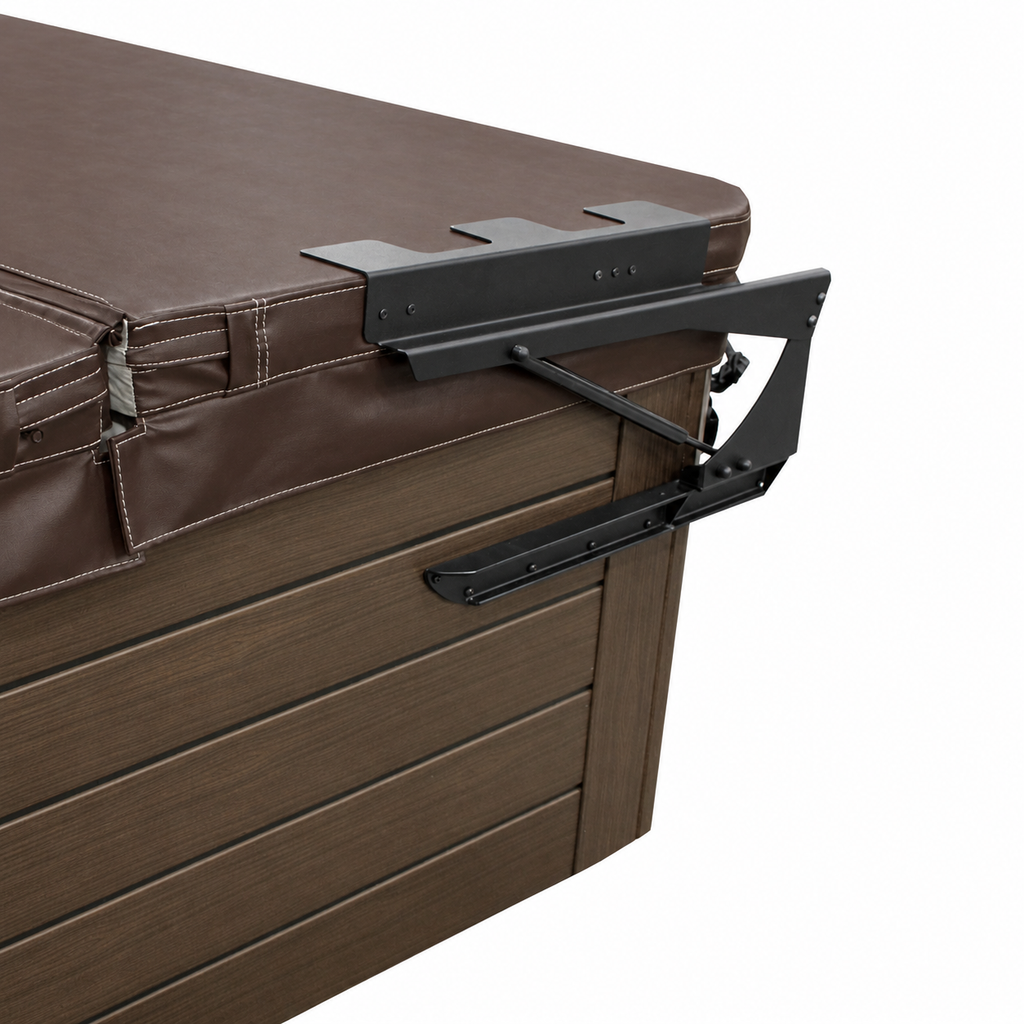 Close-up of the Leisure Concepts CoverMate Zero lifter mounted to a hot tub with its brown cover closed