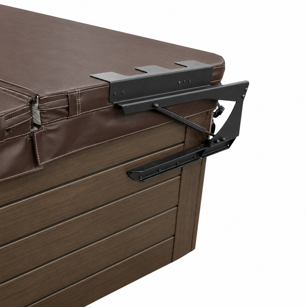 Close-up of the Leisure Concepts CoverMate Zero lifter mounted to a hot tub with its brown cover closed