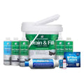 Collection of Beachcomber hot tub products, including tub clean, filter soak, filter savers, fresh fill, cover care, pipe cleanse, eliminate, test strips, and a small aromatherapy bottle; shown on a white background