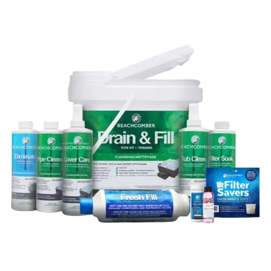 Collection of Beachcomber hot tub products, including tub clean, filter soak, filter savers, fresh fill, cover care, pipe cleanse, eliminate, test strips, and a small aromatherapy bottle; shown on a white background