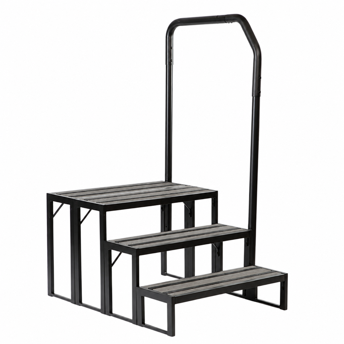 A two-step outdoor staircase with a black metal frame and textured gray composite steps, shown on a plain white background.