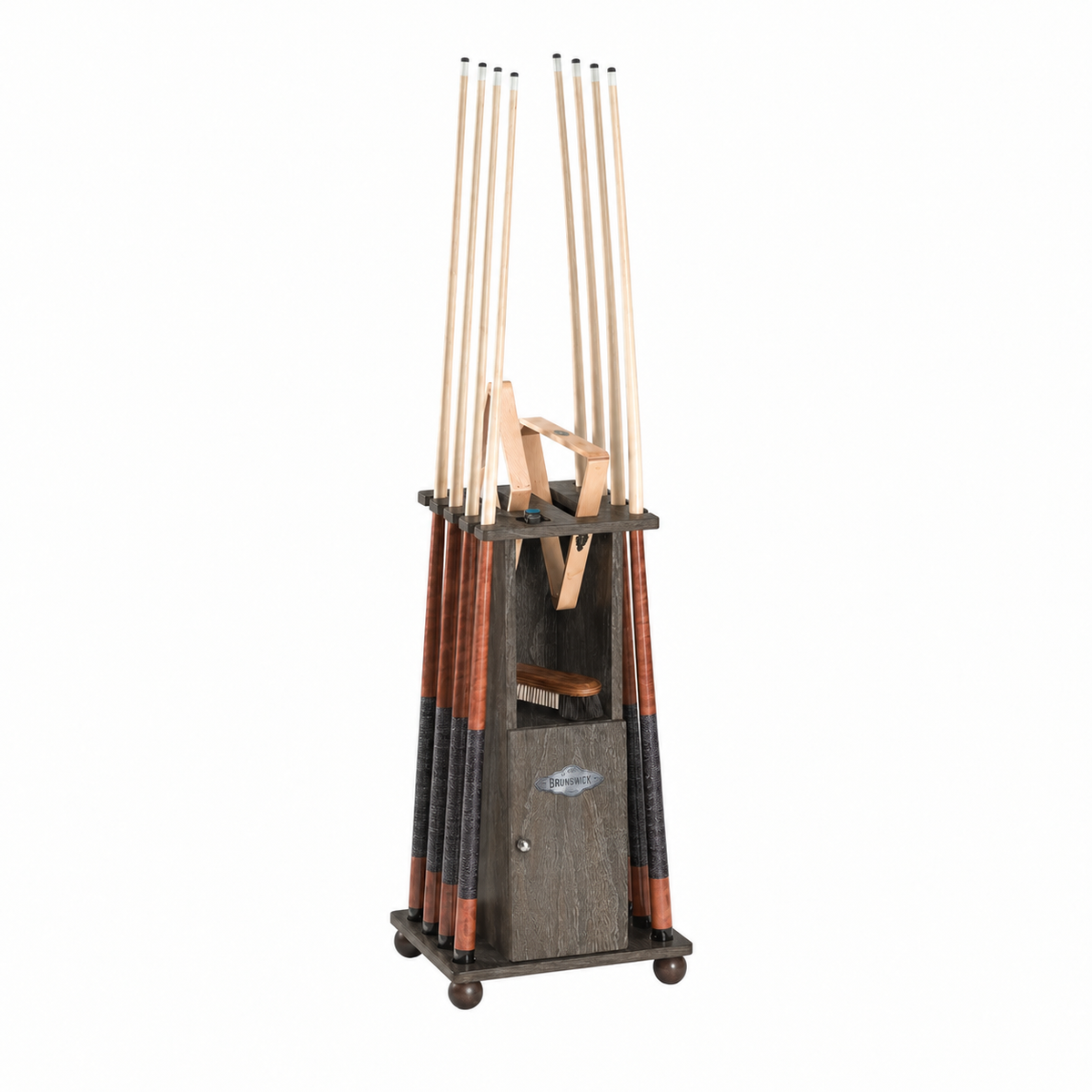 A Medium Grey Floor cue rack, shown holding 8 pool cues with a 8 ball and 9 ball rack. on a shelf below there is a pool table brush, all on a plain white background.