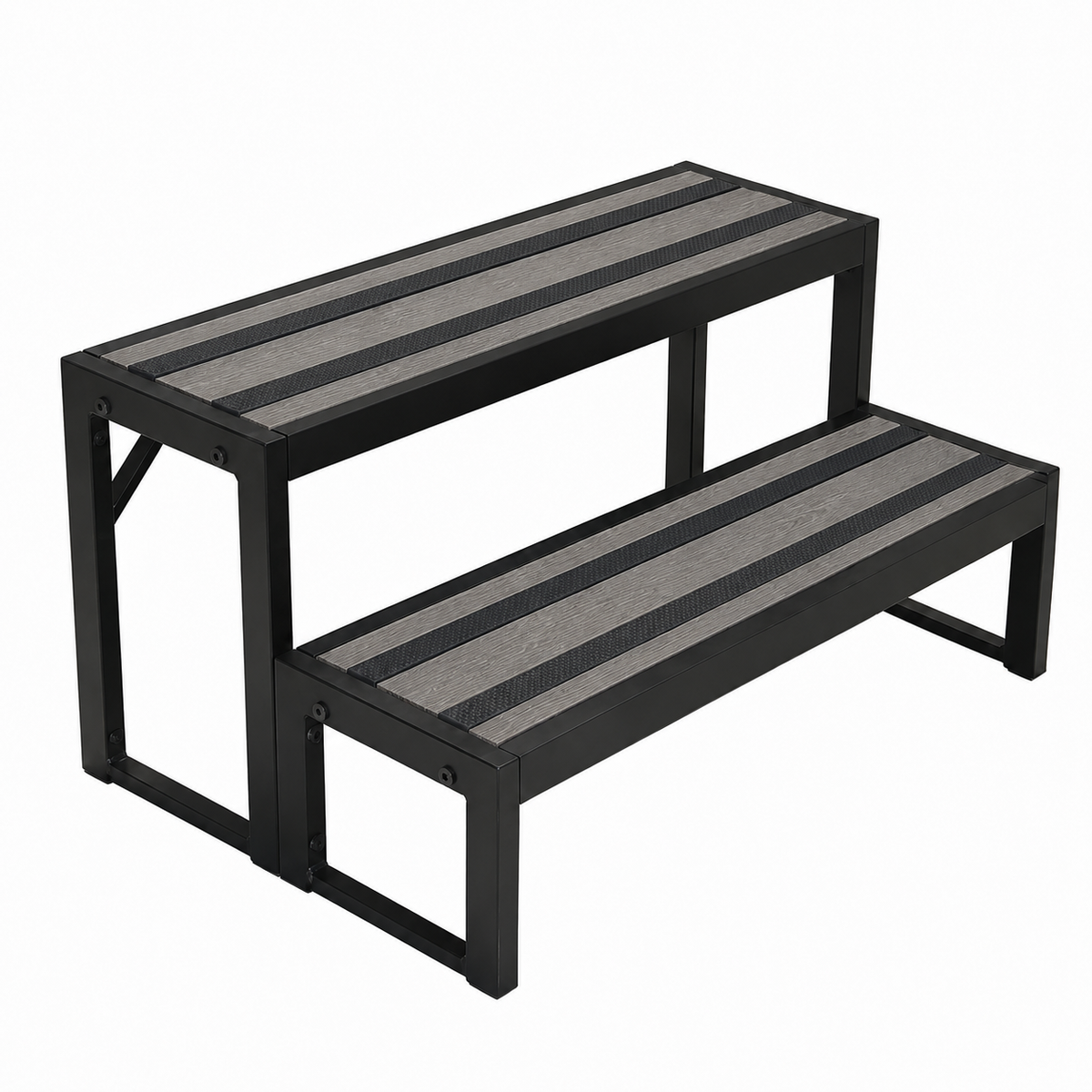A two-step outdoor staircase with a black metal frame and textured gray composite steps, shown on a plain white background.