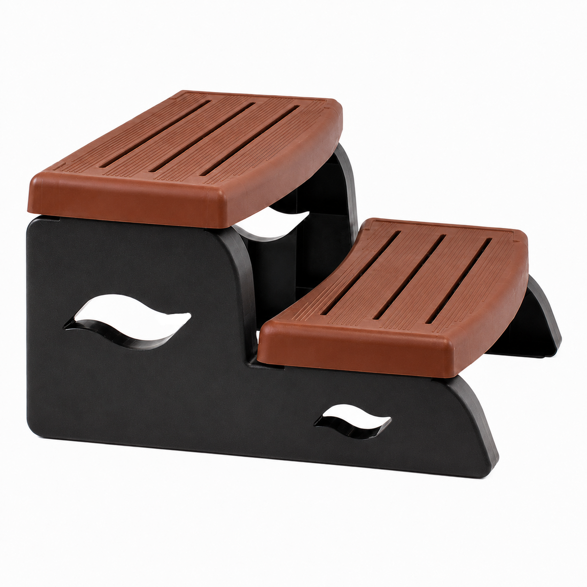 A two-step stair step with brown textured steps and a black plastic base, shown on a plain white background.