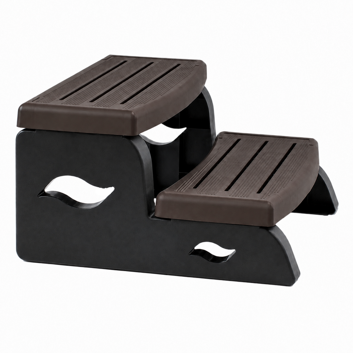 A two-step outdoor step ladder with dark brown non-slip textured steps and a black plastic base, shown on a plain white background.