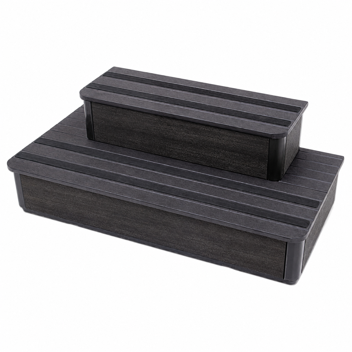Two-step rectangular steps with black ribbed tops and dark wood-grain sides, shown on a plain white background.