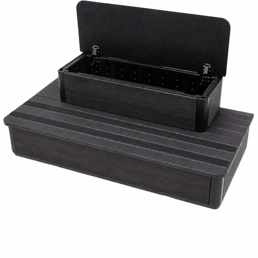 Two-step metal steps with a black ribbed tread and dark brown wood-grained sides, shown with the top step open to reveal the interior storage compartment.