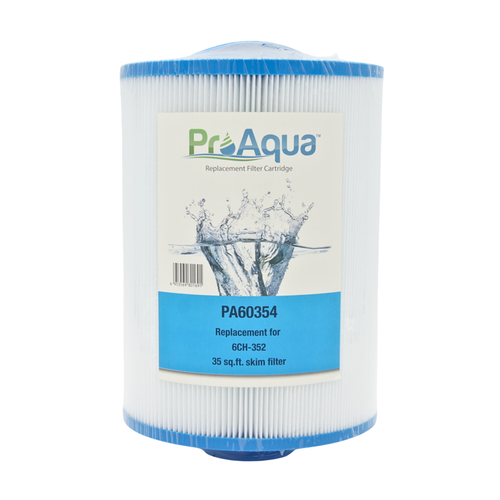 A ProAqua replacement filter cartridge, model PA60354, designed for a 6CH-352 pool filter. The cartridge features a white pleated body with blue plastic end caps and a central white label with blue and green branding.