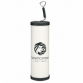 A white cylindrical hot tub filter cleaning canister with black top and bottom caps, featuring a hanging hook and the Beachcomber Hot Tubs logo printed on the front, set against a plain white background.