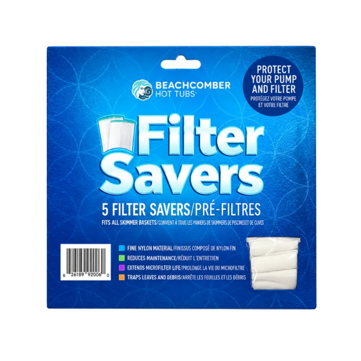 Beachcomber Hot Tubs Filter Savers package containing 5 filter savers, shown in its blue retail packaging with product details and a small photo of the white filter baskets.