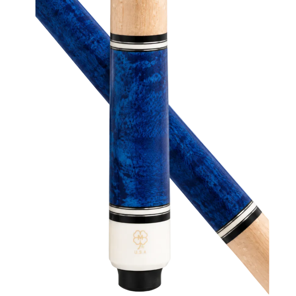 Close-up of a pool cue showing a blue marbled handle, a white USA end piece with a gold logo, and natural wood shafts on a white background.