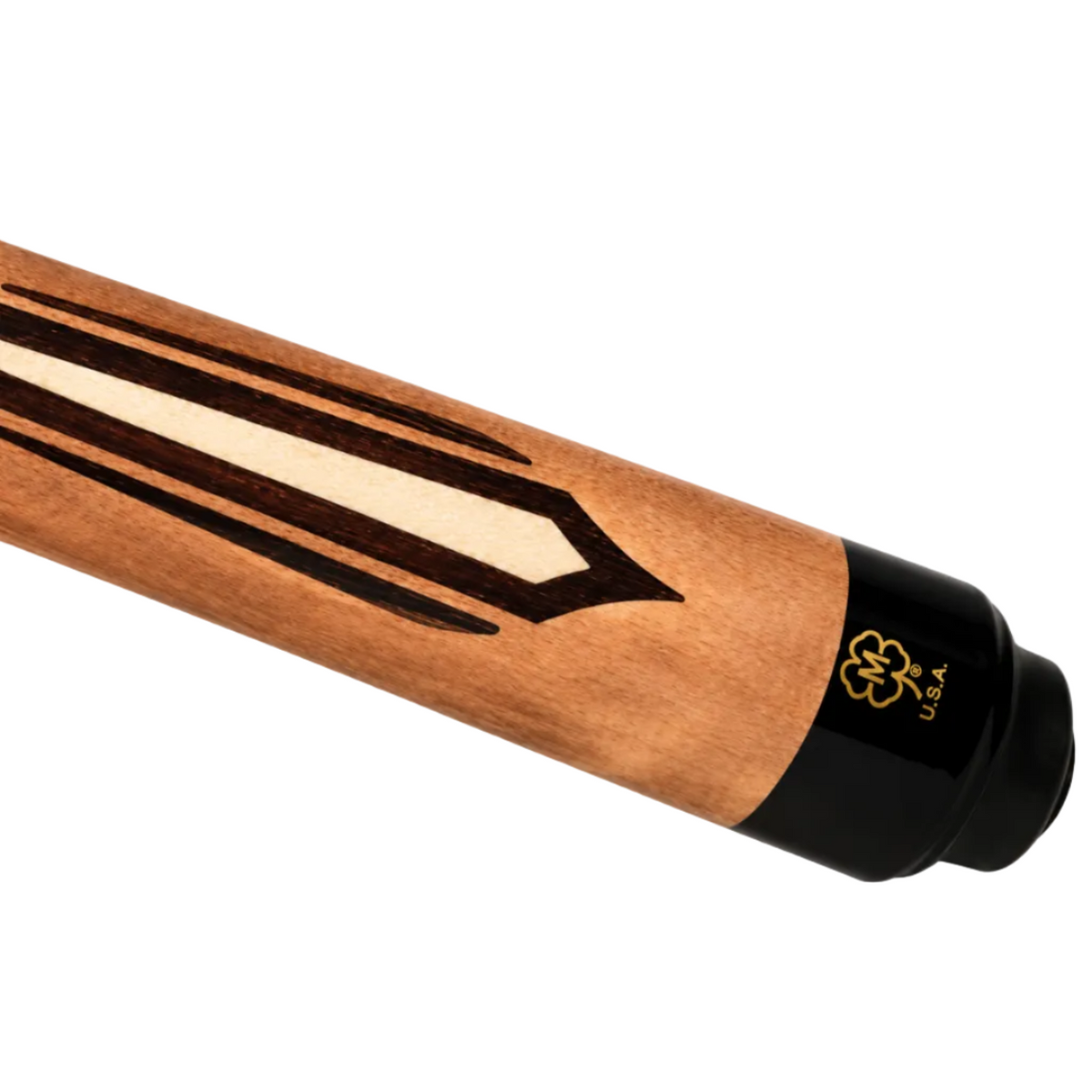 Close-up of a wooden cue shaft with a black and gold butt cap, featuring a decorative inlay design on a white background.
