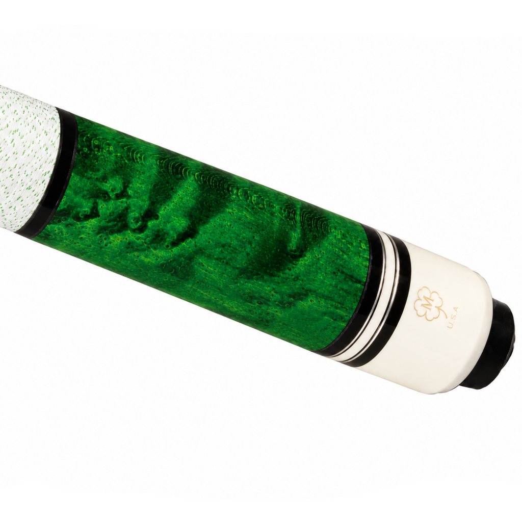 Close-up of a cue stick shaft with a glossy green marbled finish, black and white striped end bands, and a white tip section with a small gold logo, shown on a plain white background.