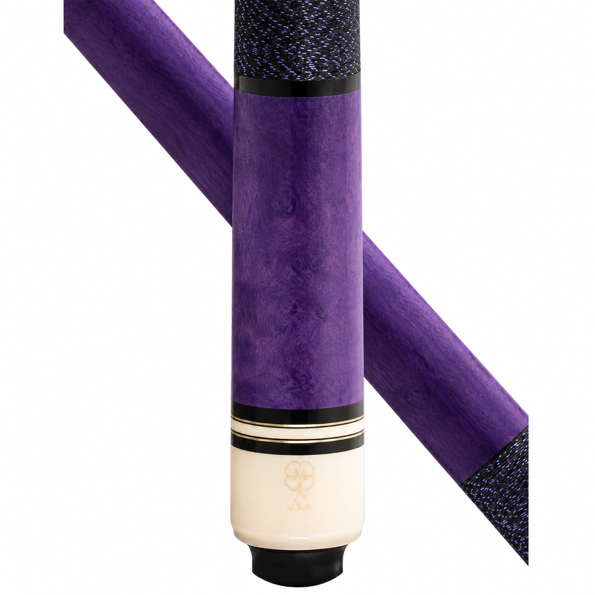 A close-up studio shot of a purple billiards cue shaft with a cream-colored butt, shown against a plain white background.