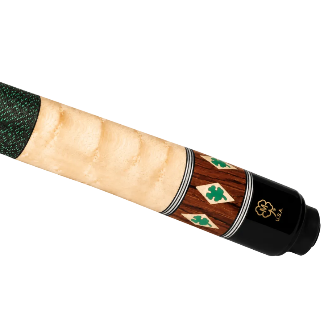 Close-up of a billiards cue shaft featuring a light natural wood grip, a dark green wrapped handle, and a black butt cap with green shamrock inlays and a gold logo.