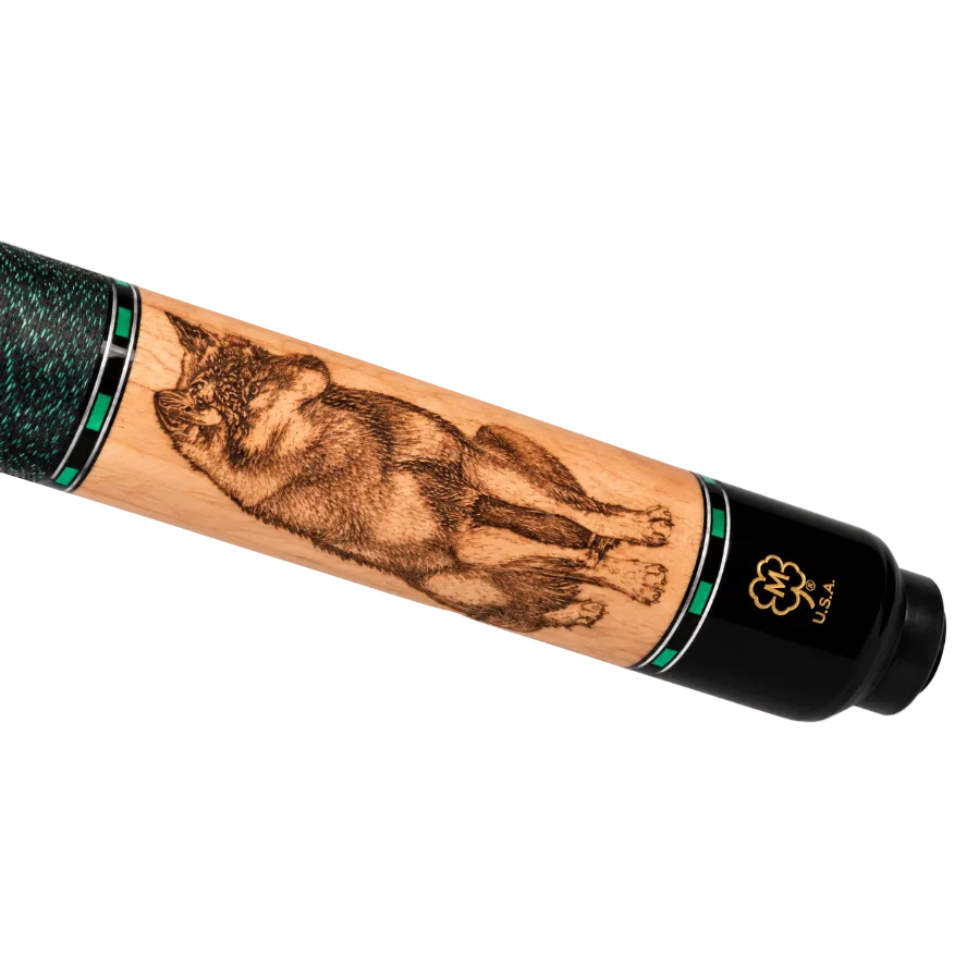 Close-up of a pool cue shaft featuring a detailed brown wolf engraving, with a black end cap and green and black speckled linen wrap, on a white background.