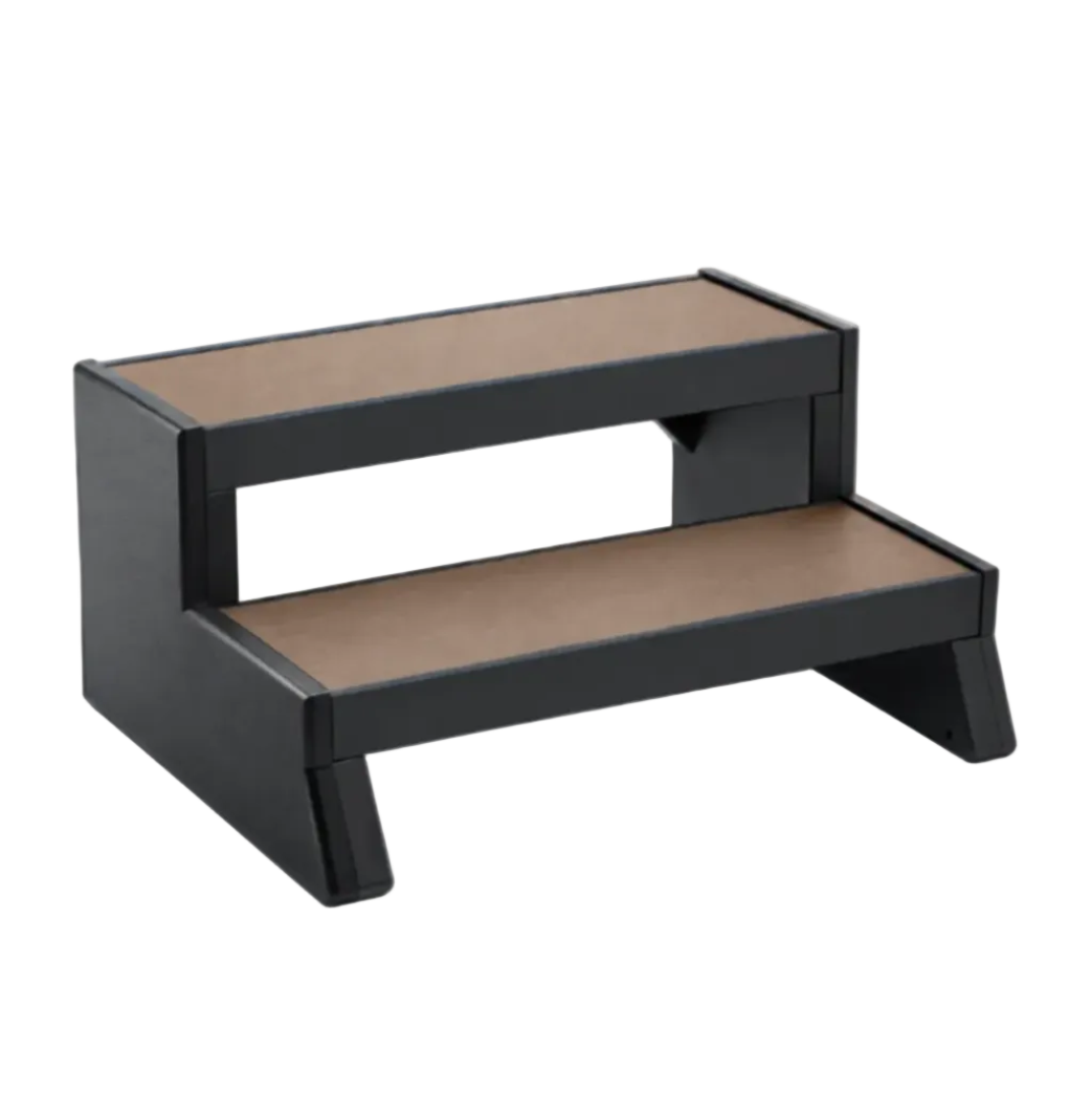 A two-step wooden riser with a black metal frame and natural brown wood grain steps, shown on a solid white background.