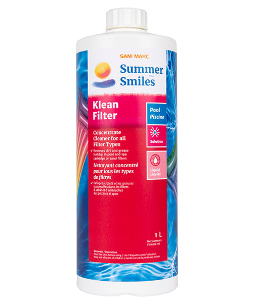 Bottle of Sani Marc Summer Smiles Klean Filter pool cleaner on a white background