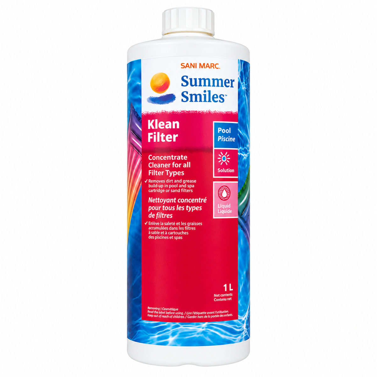 A 1-liter white plastic bottle of Sani Marc Summer Smiles Klean Filter pool cleaner, featuring a red and blue label with water graphics.