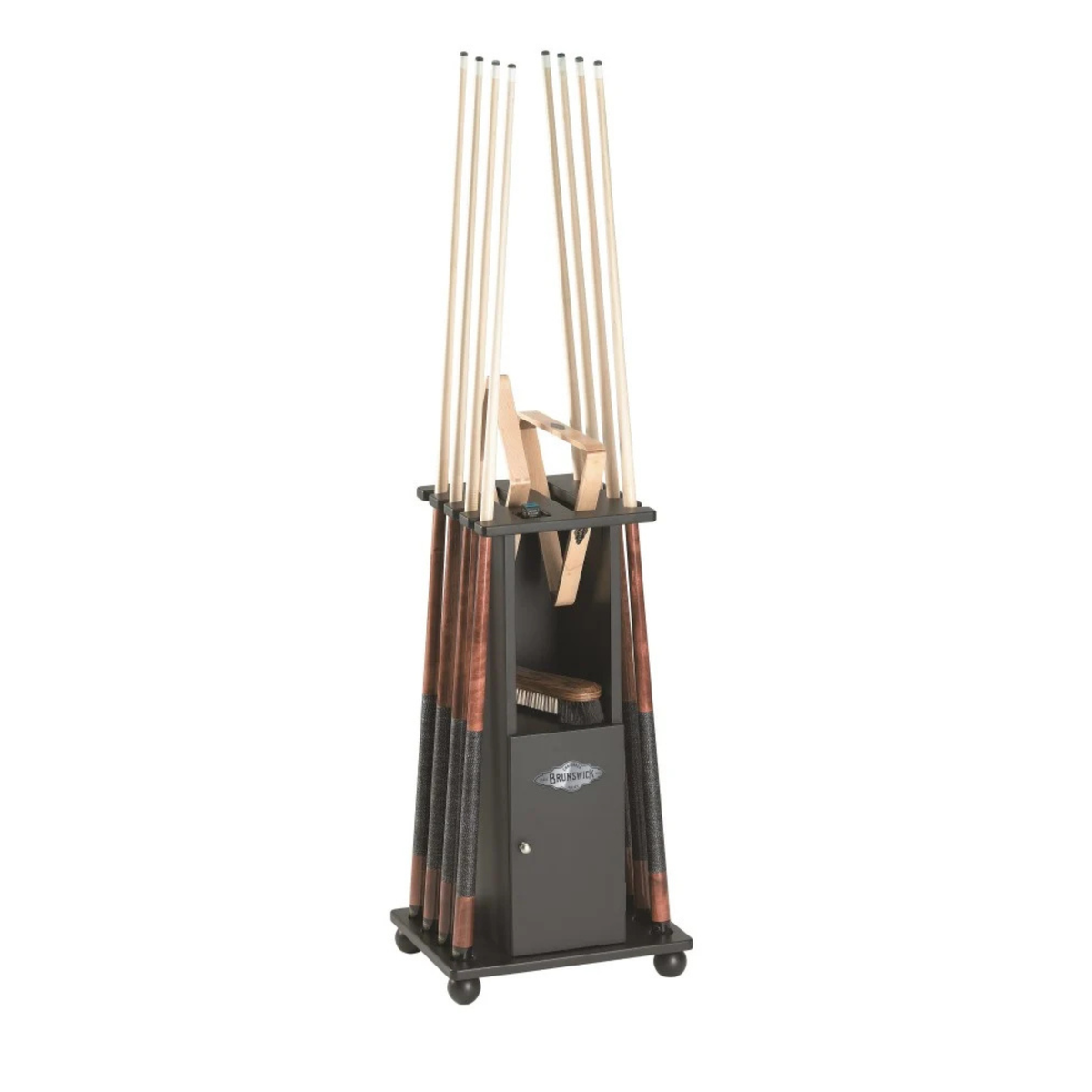 A "Matte Black" Floor cue rack, shown holding 8 pool cues with a 8 ball and 9 ball rack. on a shelf below there is a pool table brush, all on a plain white background.