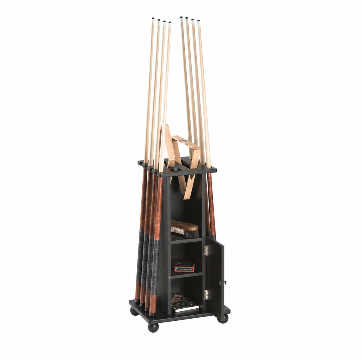A "Matte Black" floor cue rack, shown holding 8 pool cues with a 8 ball and 9 ball rack. on a shelf below there is a pool table brush. Below that shelf there is a door on hinges that is opened, revealing two more storage cubbies, in the top one there is a box, and the one right below it has a book.