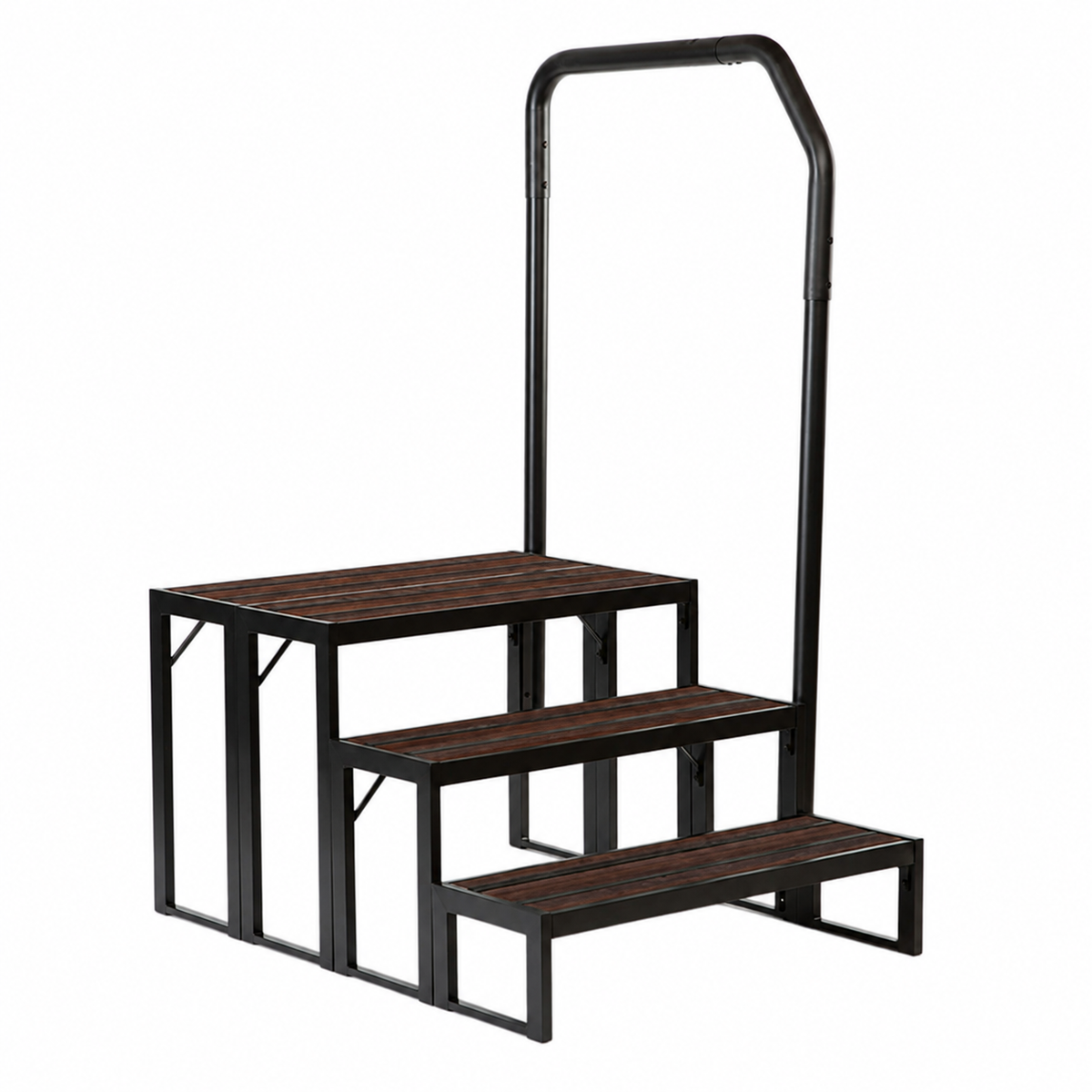 A three-step stair platform with dark brown wood-look slats and a black metal frame, including a tall handrail, shown on a plain white background.