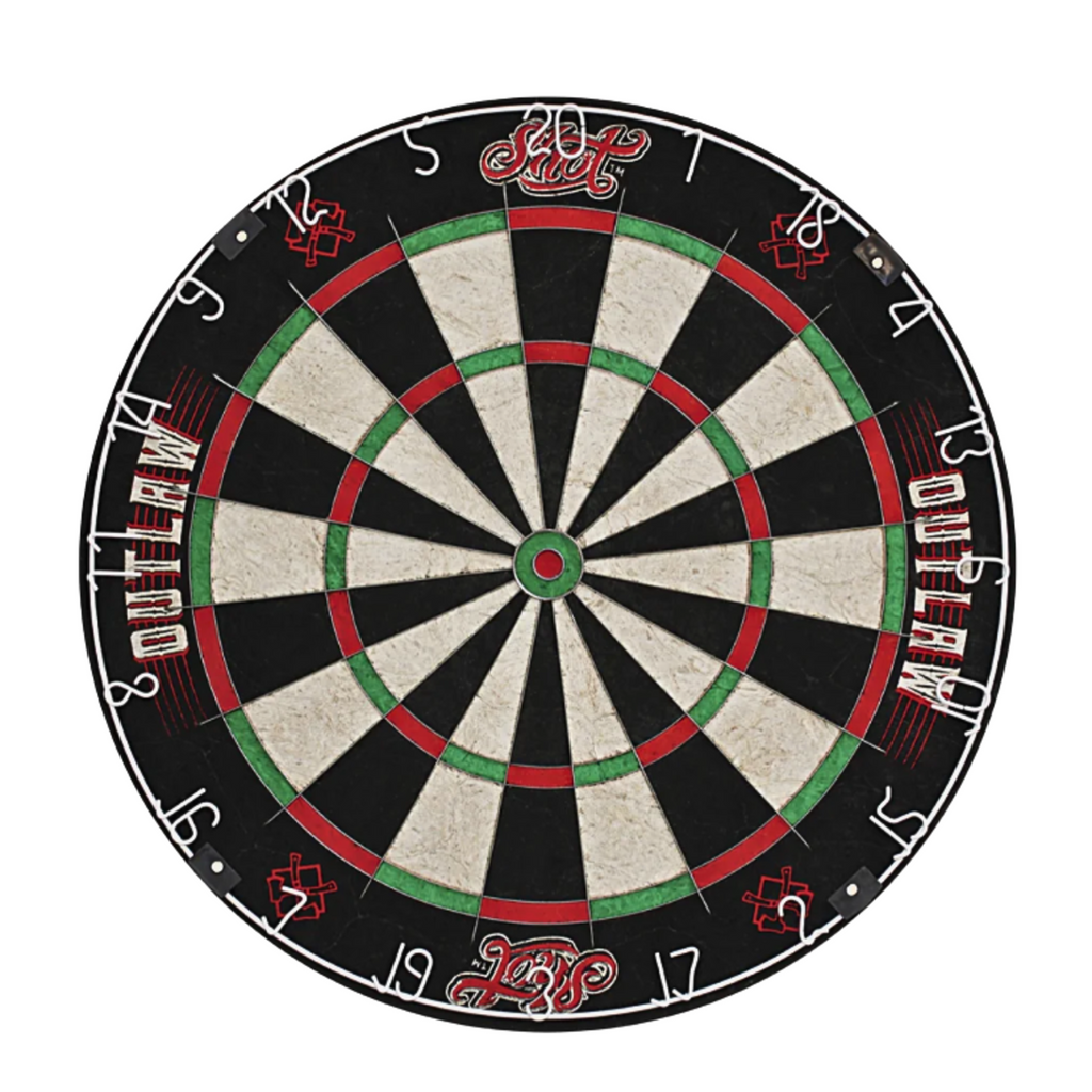 A classic dartboard with a black and white segmented target, red and green scoring rings, and decorative red and white script lettering on the outer ring, shown against a plain white background.