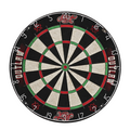 A classic dartboard with a black and white segmented target, red and green scoring rings, and decorative red and white script lettering on the outer ring, shown against a plain white background.