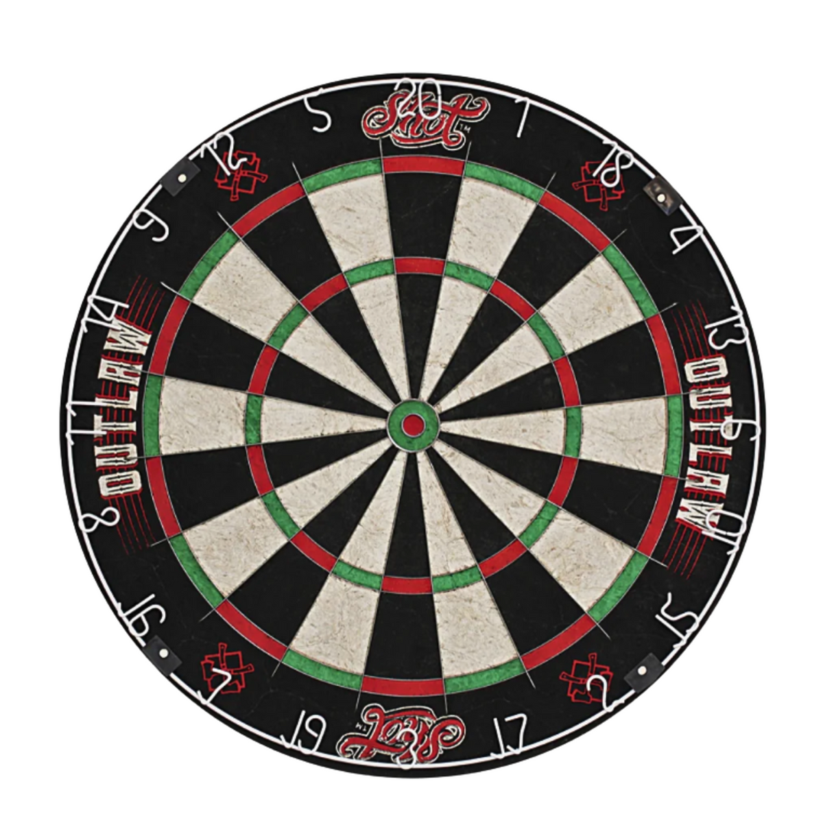 A classic dartboard with a black and white segmented target, red and green scoring rings, and decorative red and white script lettering on the outer ring, shown against a plain white background.