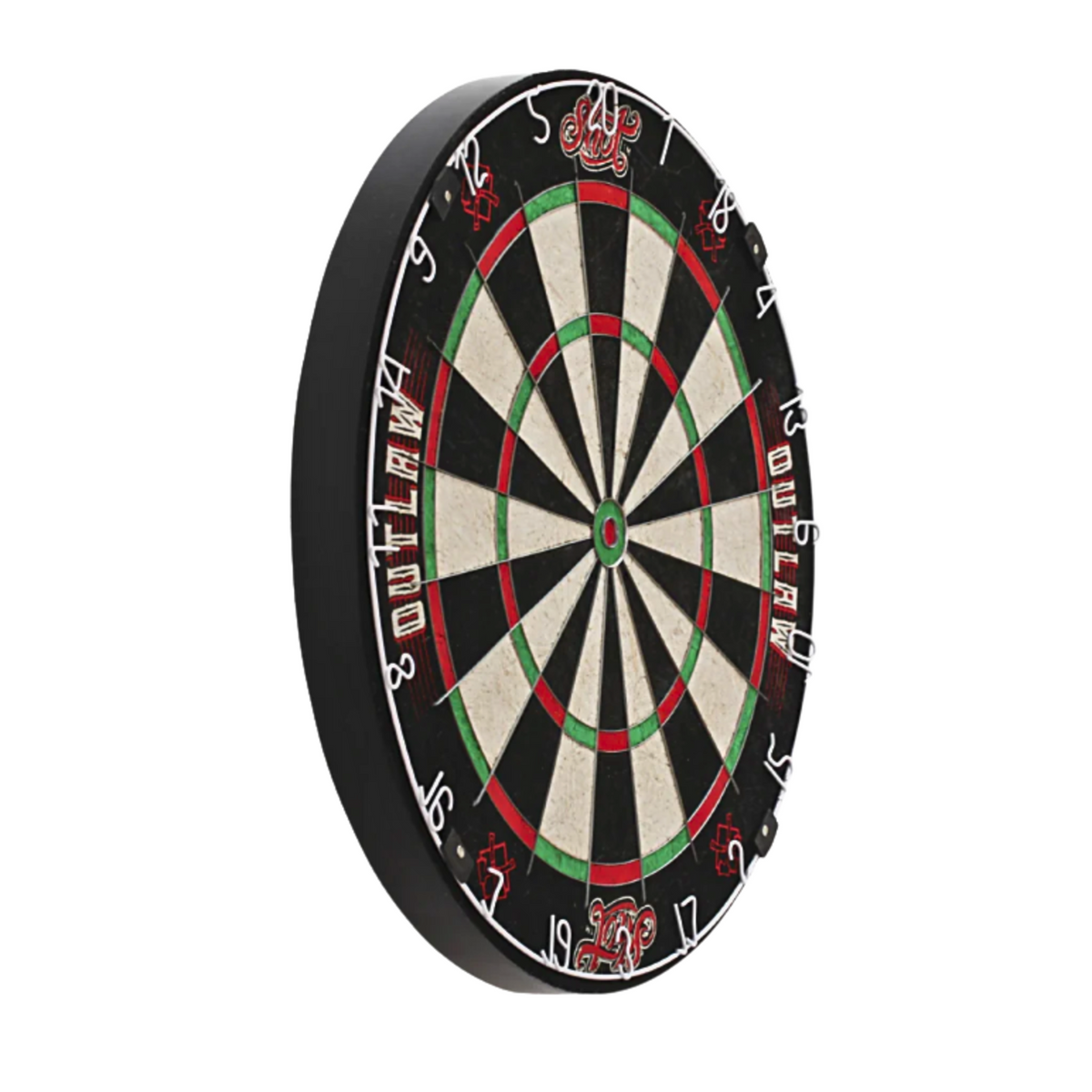 A standard wall-mounted dartboard with a black outer rim, featuring the traditional black, beige, green, and red scoring segments, and white 'OUTLAW' text on the side.