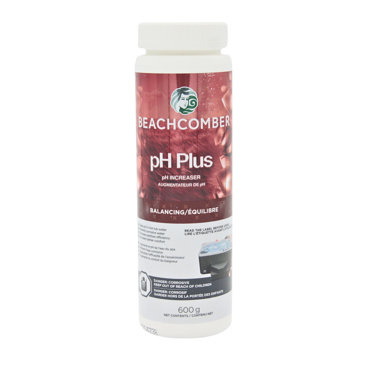 A 600g white plastic bottle of Beachcomber pH Plus pH increaser, featuring a dark red and white label with the brand logo and product name.