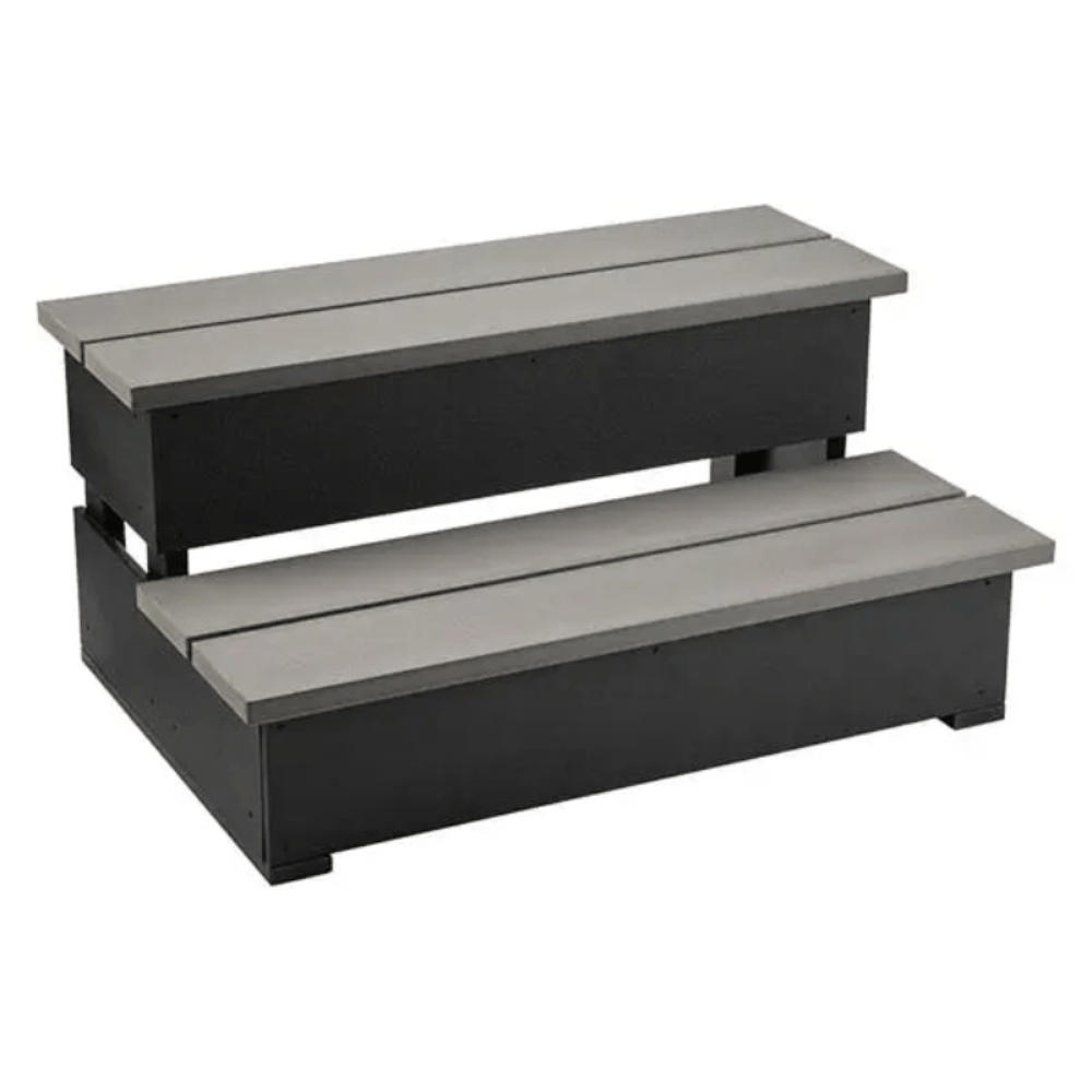 Two-step outdoor staircase with light grey composite lumber steps and black metal framing, shown on a plain white background.