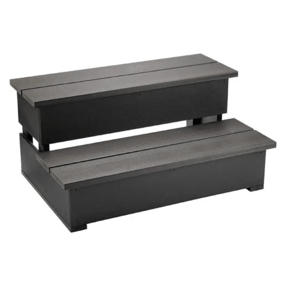 Two-step outdoor staircase with dark grey composite lumber steps and black metal framing, shown on a plain white background.