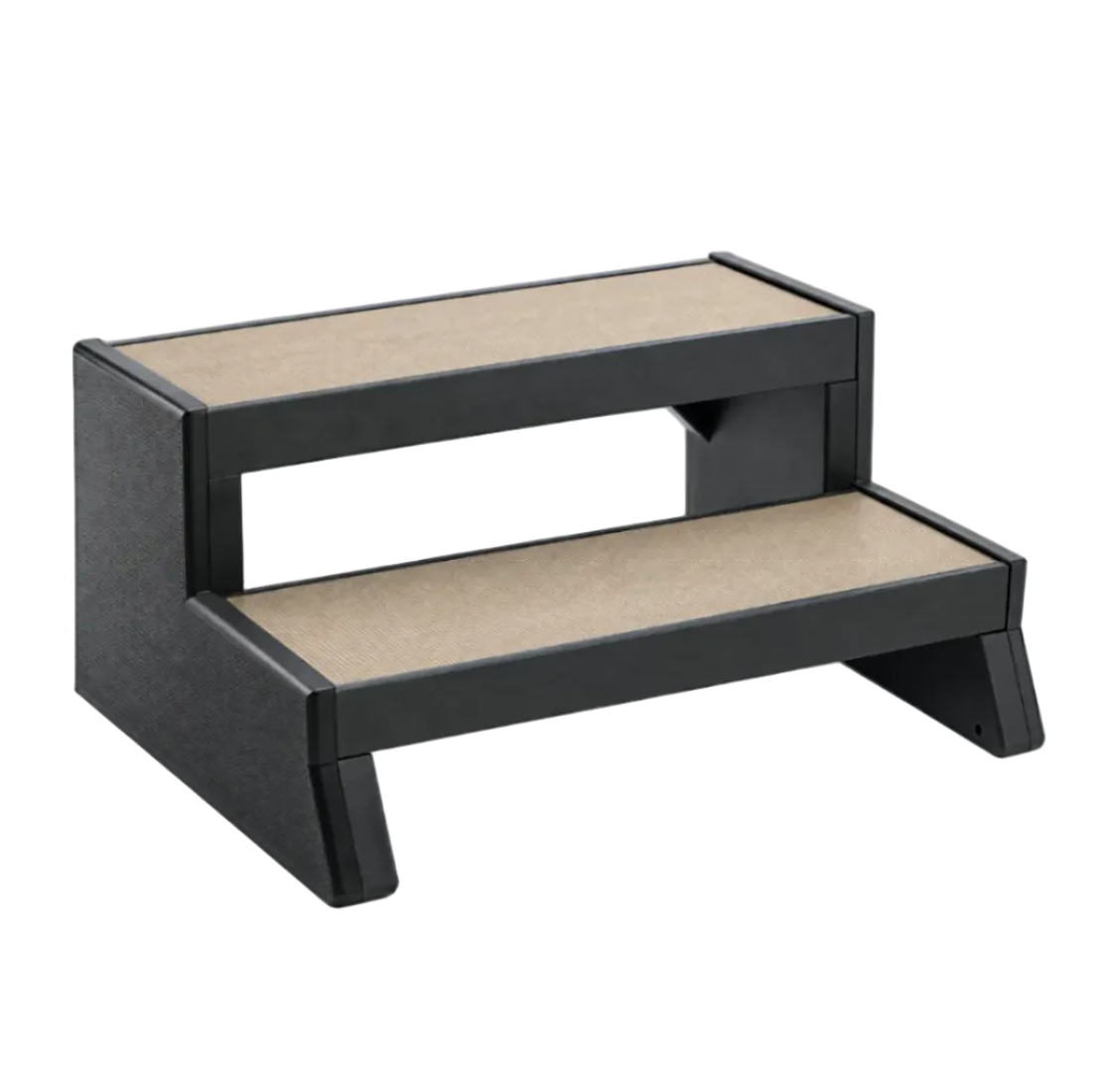 A two-step stair platform with a black metal frame and beige steps, shown on a plain white background.