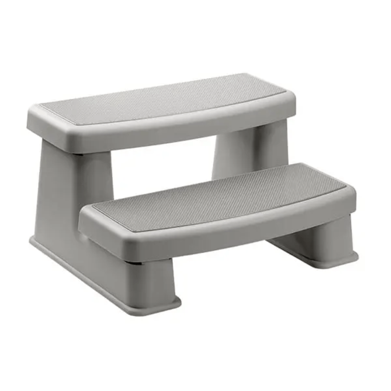 A two-step plastic step stool with textured non-slip grips on a solid white background.