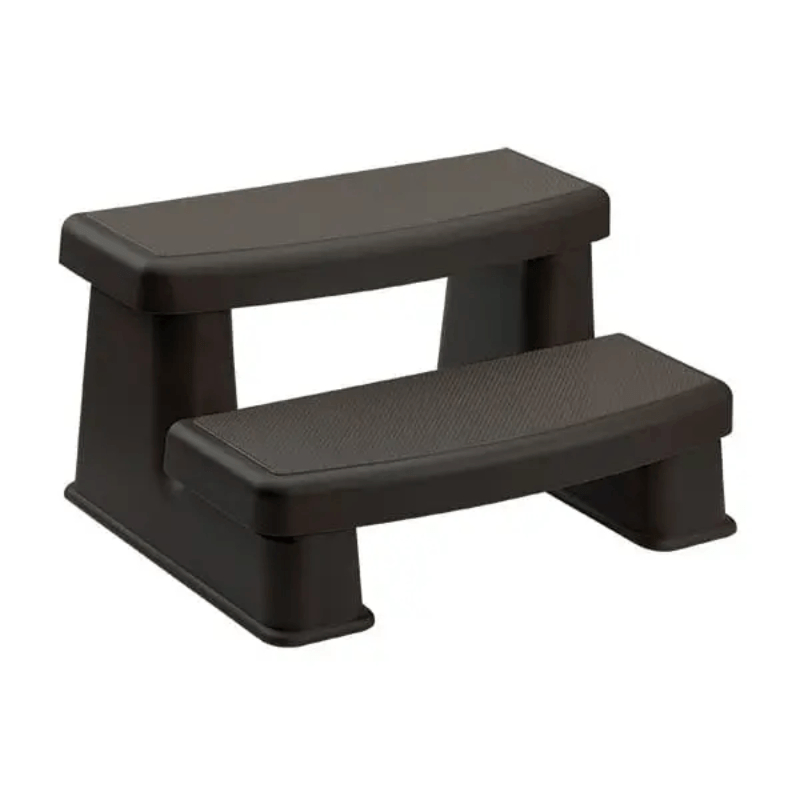 A two-step plastic step stool in a dark brown color, shown from a three-quarter angle on a plain white background.