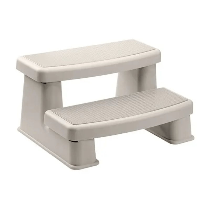 A two-step plastic step stool with textured non-slip grips on a solid white background.