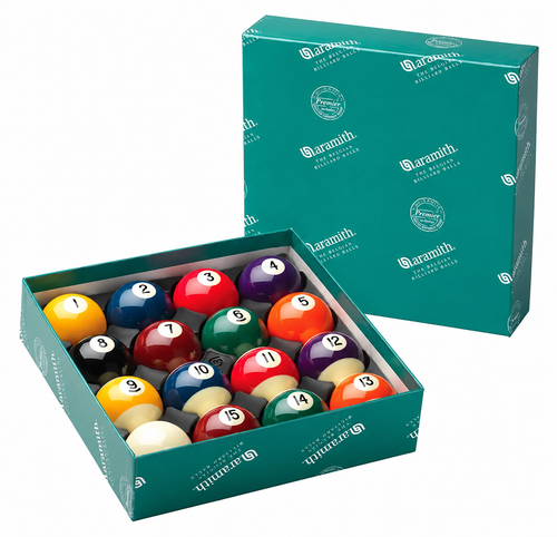 A boxed set of billiards balls shown open with the lid standing behind it on a clean white background. The set includes 15 colorful numbered balls and a white cue ball inside a teal branded box, with the matching teal lid behind it.