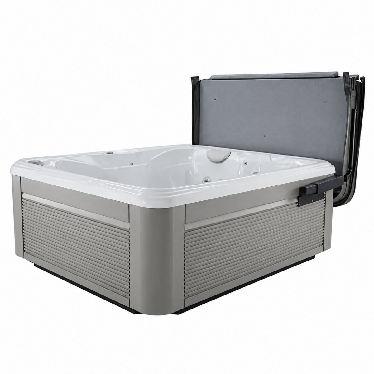 A gray and white outdoor hot tub with the pro lifter cover lifter shows open revealing the interior jets and back panel, on a solid white background.